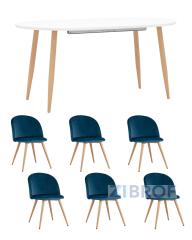 Обеденная группа стол Берген 160-220*90, 6 cтульев Лион велюр голубой