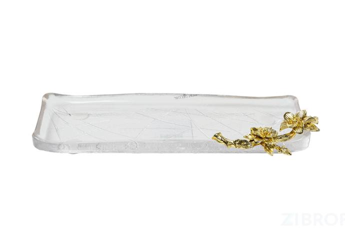 55RG5983L Поднос стеклянный с золотым цветком  35*14*5см 