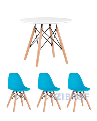 Комплект мебели детский стол Eames белый, 3 стула голубые 