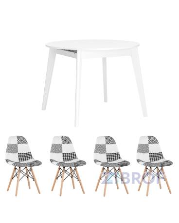Обеденная группа стол Rondo раскладной 100-135*100 см белый, стулья Eames пэчворк черно-белые 